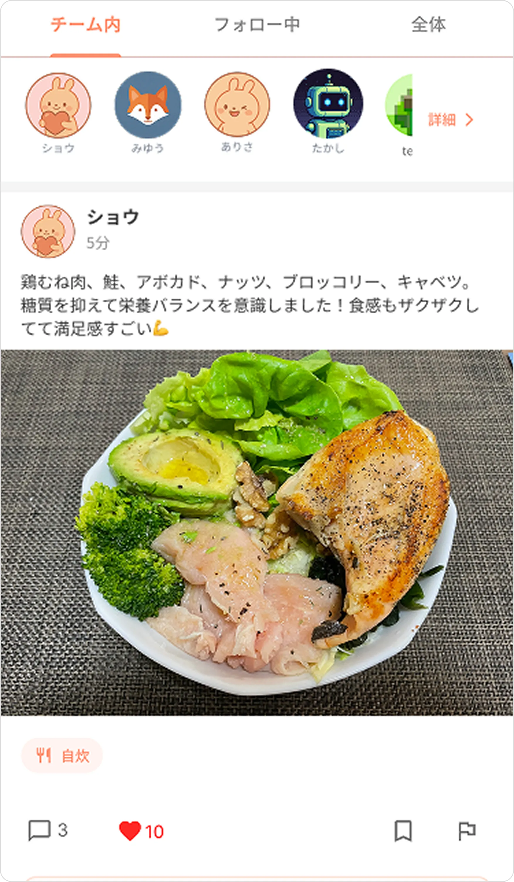 チーム内の投稿で食事内容を共有する画面